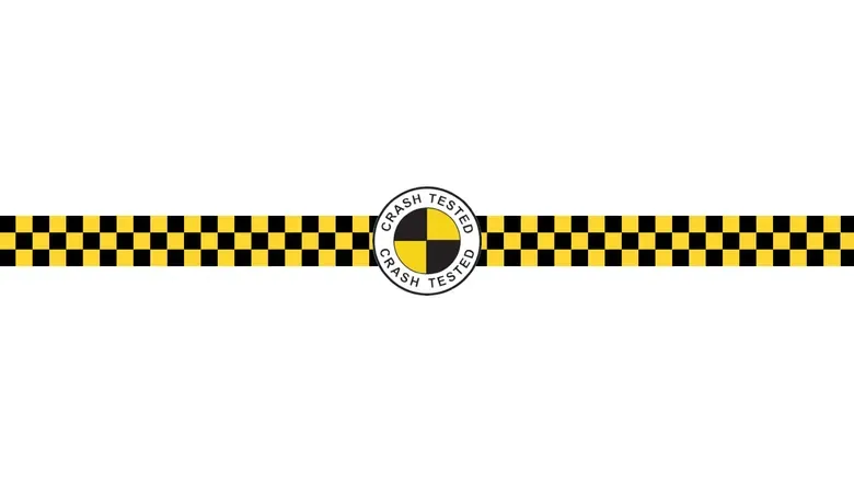 Yellow and black checkered crash test pattern with circular "Crash Tested" label in the center on a white background.